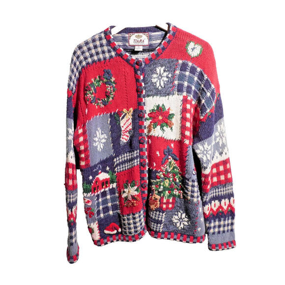 VTG Tiara Intl Ugly Christmas Sweater Cardigan Patchwork Nordic AOP Womens XL * - Picture 1 of 11